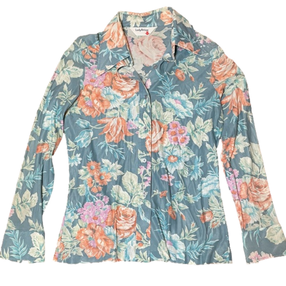Vintage Lady Arrow Polyester Button Up Floral Blouse.